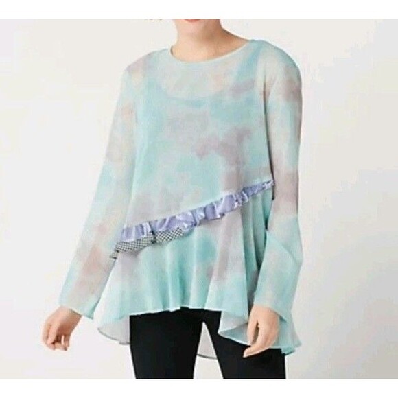 LOGO by Lori Goldstein Sheer Top 1X TieDye Ruffle Boho Chic Flowy Coastal Tunic - Picture 8 of 8